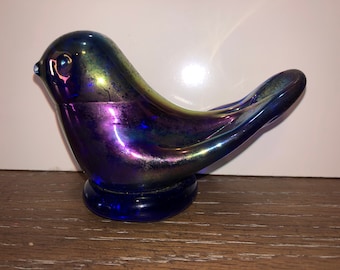 Vintage ondertekend Leo Ward Carnival Glass iriserende vogel, blauwe iriserende blauwe vogel, vogel presse-papier, Carnival Glass Bird, Leo Ward 2002, Mint