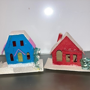 2 Vintage Putz Houses, Cardboard Mica Glitter Houses, Vintage Putz Houses made in Japan, Putz Village Blue House, Japan Putz House Red