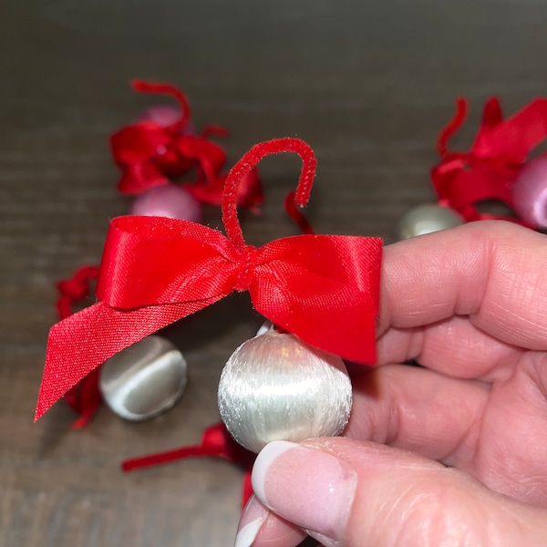 10 Vintage Satin String Ornaments, Mini Silk String Red Bow Ornaments, 1" Pink Satin Balls, White Satin Balls with Red Bows, Pyramid Balls