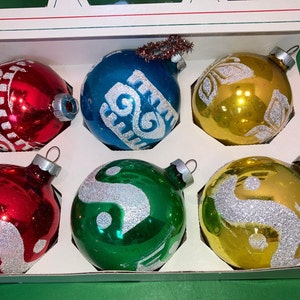 6 Vintage Glass Ornaments, 2 1/2&quot; Shiny Brite Glitter Stencil Ornament, Shiny Brite Wave Ornament, Shiny Brite Butterfly, Shiny Brite Geo