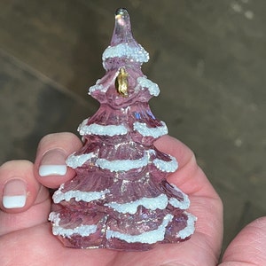 Fenton Iridescent Christmas Tree, Fenton Iridescent Tree With Teddy Bear  White Frost Glitter, Fenton Christmas 6 1/2 Tree, Mint 