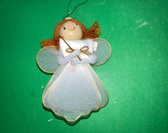 Vintage Net Angel Ornament, Wooden Head Net Body Angel, Vintage White Gold Trimmed Angel Ornament, Vintage 3" White Angel Ornament