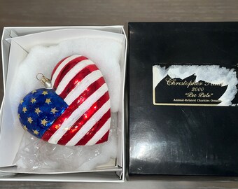 Ornement de drapeau américain Radko, ornement de cœur américain scintillant en verre soufflé, drapeau américain Radko, ornement de drapeau scintillant Radko, dans la boîte