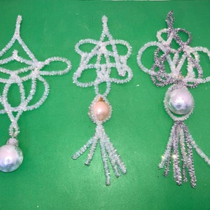 3 Vintage Silver White Tinsel Snowflake Ornaments, Silver Tinsel Snowflake Ornaments, White Iridescent Handmade Silver Ornaments