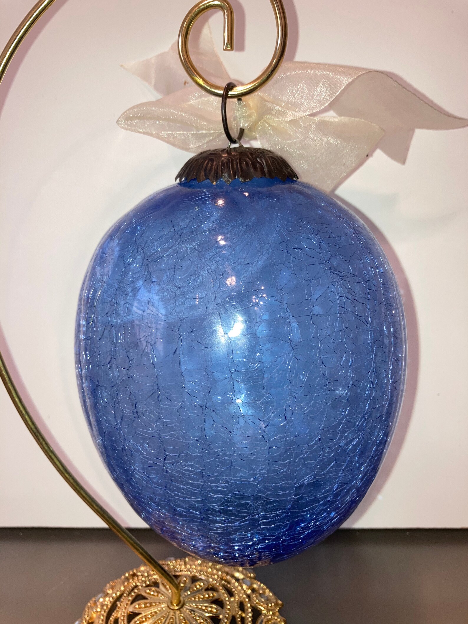 Vintage Very Large Kugel Ornament Blue Crackle Glass Kugel Etsy