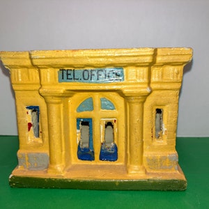 Vintage Japan Putz House, Japan Plaster Train House, Vintage Putz Telephone made in Japan, Yellow Putz Tele Building, Putz Building Plaster