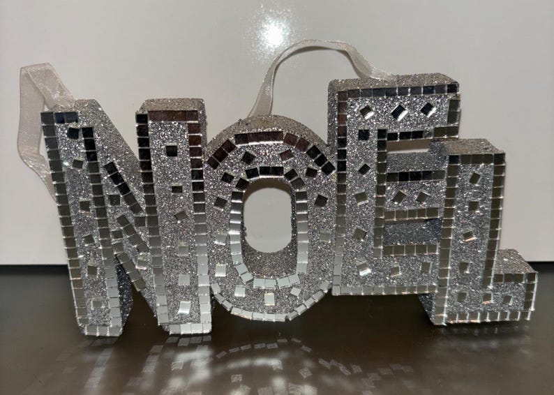 Glittered NOEL Sign, Silver Glittered Foam NOEL, Silver Mirrored NOEL, Noel Door Hanger, Christmas Display Noel, Mint