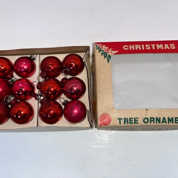 12 Mini 1" Red Ornaments, Japan Red Glass Ornament Ball, Vintage Red Ornament, Red Mercury Glass Ornaments, in the Box