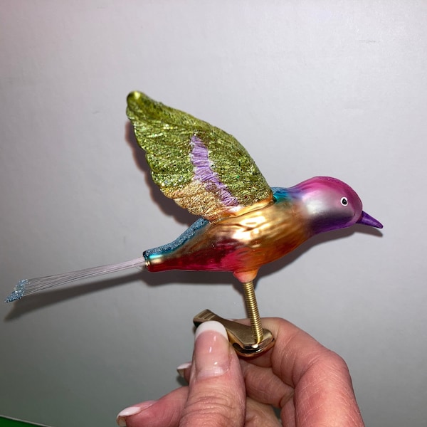 Clip on Hummingbird Ornament, Colorful Hummingbird Bird Ornament, Pink Iridescent Clip on Bird Ornament, Hummingbird Filament Tail, Mint