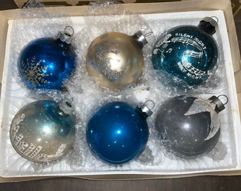 6 Vintage Shiny Brite Glass Ornaments, 2 3/4" Shiny Brite Stencil Ornament, Shiny Brite Snow Cap Ornament, Shiny Brite Blue Ornaments, Box