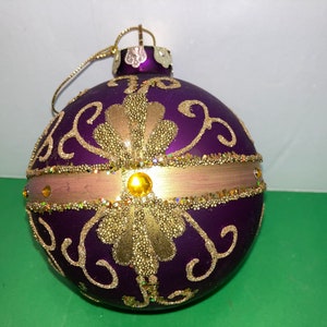 Large Purple Gold Glass Ornaments, 4" Purple Micro Bead Ornament Ball, Purple Micro Beaded Ornaments, Purple Jeweled glittered Ornament