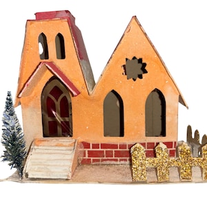 Vintage Large Putz Houses, Peach Painted Cardboard Mica House, Vintage Putz House made in Japan, Putz House Gold Fence, Vintage Putz House