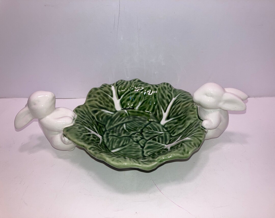 Vintage Cabbage and Bunny Candy Dish, Green Cabbage Bowl With Bunnies ...
