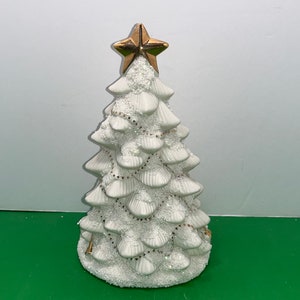Vintage Painted Ceramic 9&quot; Trees, White Glittered Ceramic Tree, White Christmas with Gifts, Vintage Ceramic Tree with Gold Star Topper, Good