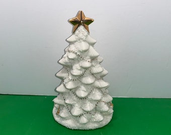 Vintage Painted Ceramic 9" Trees, White Glittered Ceramic Tree, White Christmas with Gifts, Vintage Ceramic Tree with Gold Star Topper, Good