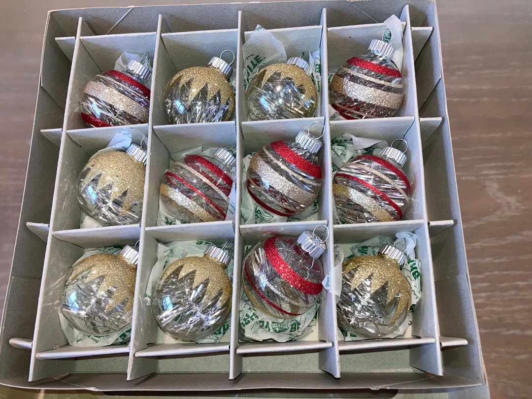 12 Shiny Brite Tinsel Ball Ornaments, Christopher Radko Colored Glitter