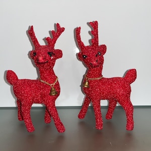2 Mid Century Red Flocked Christmas Reindeer, Japan 6&quot; Red Flocked Reindeer, 6&quot; Red Flocked Deer, Red Reindeer Bells,Free Standing Reindeer