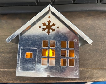 Vintage Tin Putz House, Vintage Silver Putz House, Vintage 3" Putz Building, Silver Putz House Ornament, Working Light Up Putz House, Mint