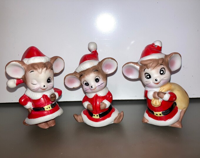 3 Vintage Enesco Christmas Mice Figure, Christmas Mice Enesco, Enesco