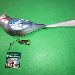 Vintage Clip on Bird Ornament, OWC Blown Glass Blue Glittered Bird Ornament, Old World Blue Jay Clip on Bird, Glittered Blue Clip on Bird