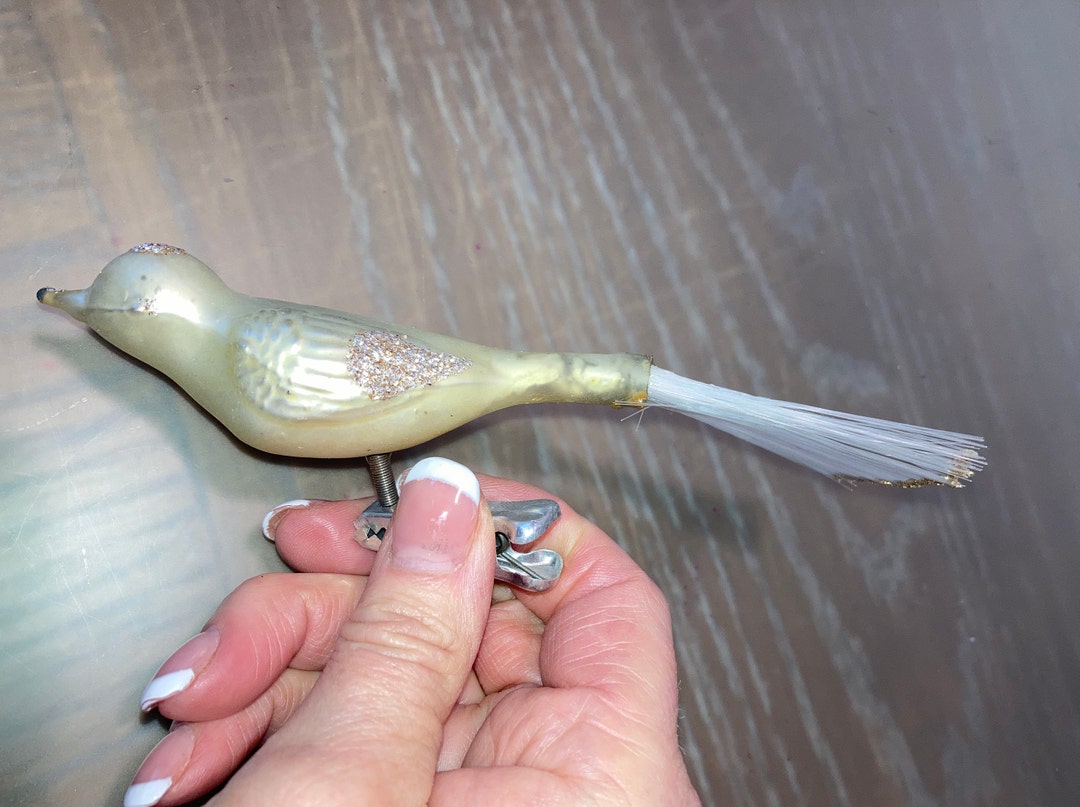Vintage Clip on Bird Ornament, Blown Glass Bird Pearl White Ornament