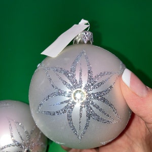 2 Silver Poland Ornaments, 3&quot; Round Satin White Ornaments, Poland Silver Glitter Snowflake Ornaments, Poland Ornament Rhinestones, Mint