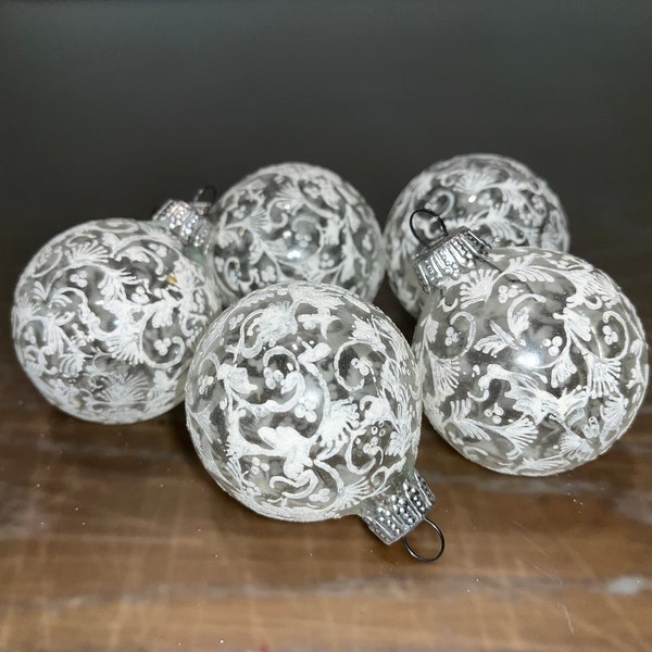 5 Vintage West German Ornament Balls, West German Clear White Scroll Ornaments, 2" Clear Glass Ornaments, West German White Scroll Design