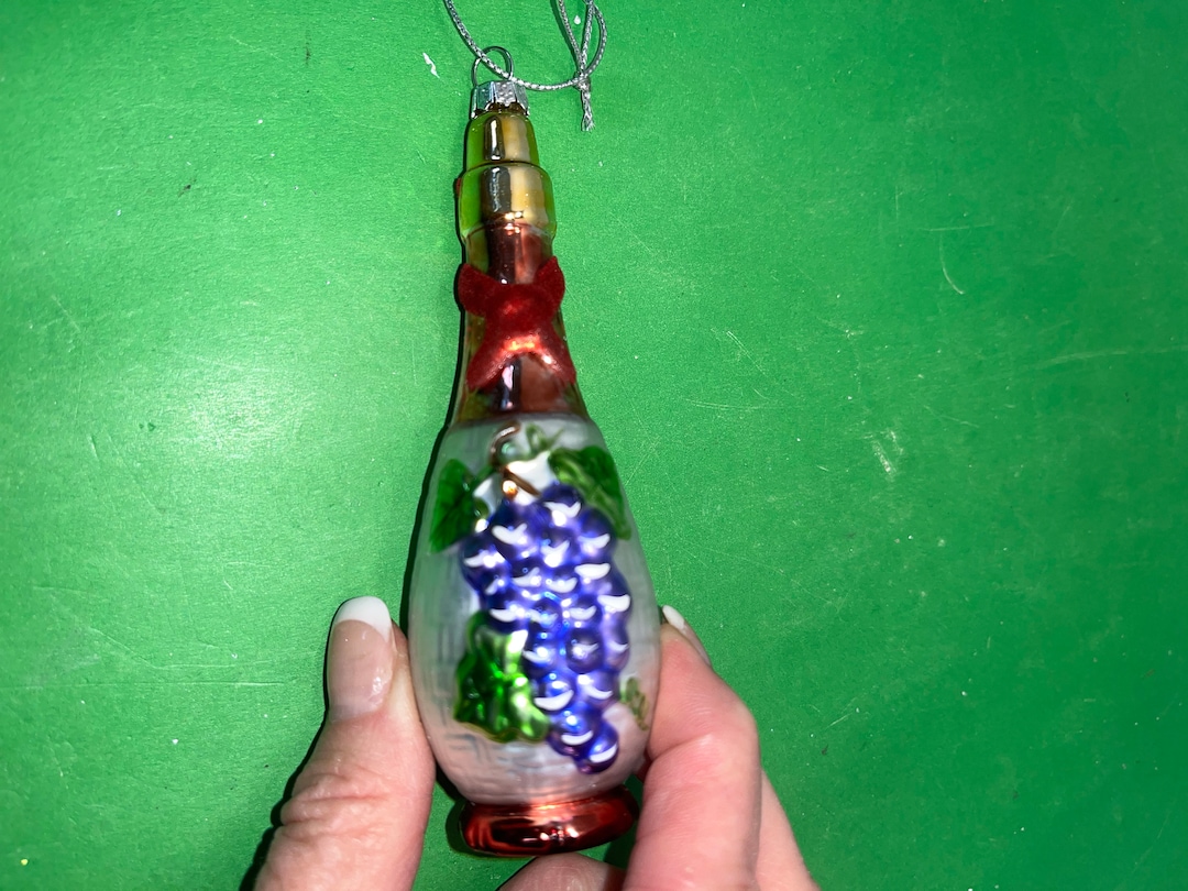 Vintage Wine Bottle Ornament, Blown Glass Wine Bottle With Grapes
