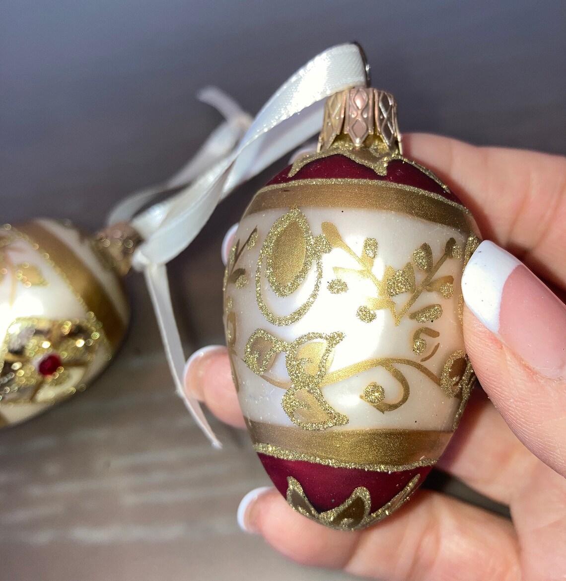 Pair of Gold Red Glass Ornaments Vintage Egg Shaped Etsy