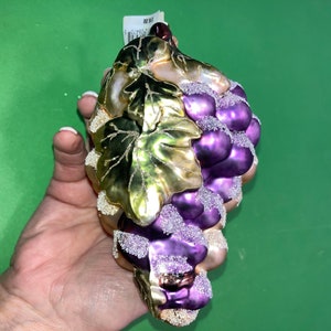 Vintage Blown Glass Grape Ornament, Purple Frosted Grapes Ornament, Beaded Sugared Grape Ornament, Large 6" Grape Cluster Ornament, New