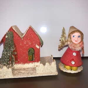Vintage Putz House, Shiny Brite Santa, Japan Putz House, 1950 Shiny Brite Spun Cotton Santa, Japan Red White Mica Glitter Putz House