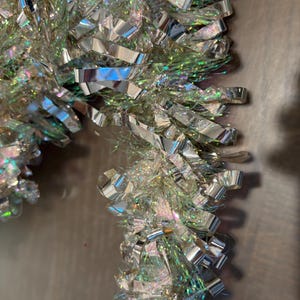 12&#39; Vintage Iridescent Silver Tinsel Garland, Silver Tinsel Garland, Fine Metallic Thin Silver Tree Tinsel, 3&quot; Wide