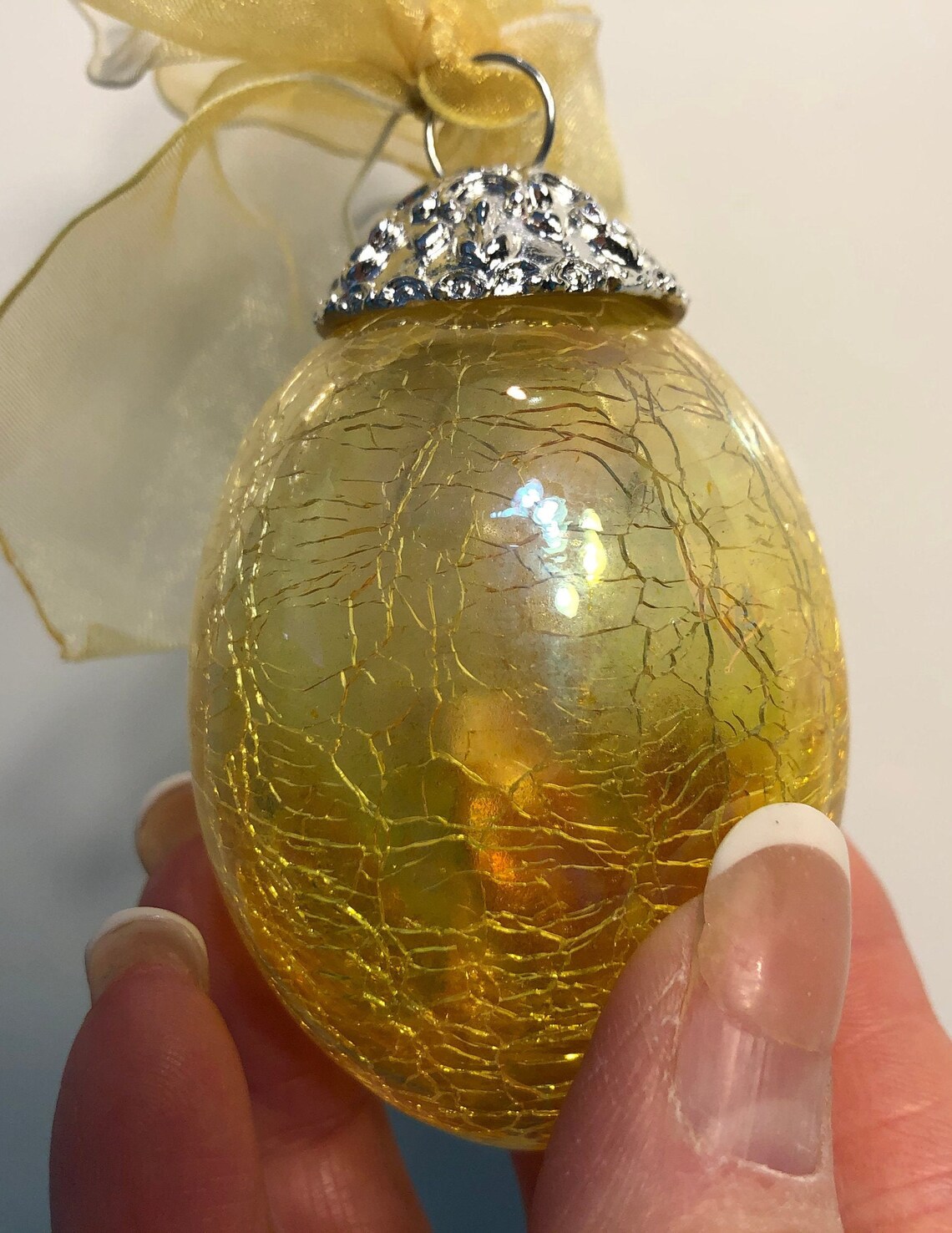 Kugel Style Yellow Carnival Glass Egg Ornament Crackle Glass Etsy