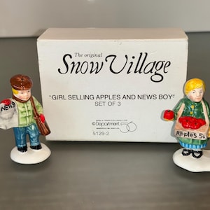 Vintage Dept 56 51292, Dept 56 Snow Village, Dept 56 Girl Selling Apples, Vintage Dept 56 News Boy, Dept 56 Figures, in the Box