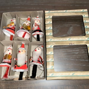 6 Vintage Shiny Brite Santa Ornaments, 1950 Merry Miracles Santa Figures, Shiny Brite Japan Santa, Shiny Brite Musical Santa Set, in the Box