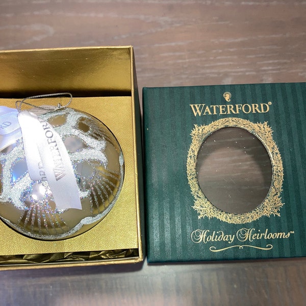 Vintage Waterford Heirlooms 100310000 Christmas Ornament, Waterford Peacock Memories Ball, Waterford 4" White Silver Glittered Peacock, Box