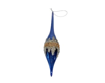 Vintage geblasene Glas Teardrop Ornament, 10 "blaue Glas Teardrop Ornament, Teardrop Glas Strass verziert Ornament, blaues Strass Band