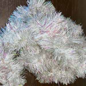 18&#39; Vintage Iridescent White Tinsel Garland, White Iridescent Fine Tinsel Garland, Fine Iridescent White Tree Tinsel, 2&quot; Wide Tinsel Garland