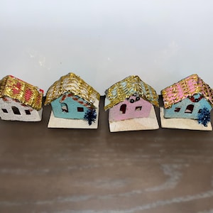 4 Vintage Putz Houses, Plastic Mica Houses, Vintage Putz Light Covers, Japan Putz Houses, 2 1/4&quot; Putz Light Covers, Gold Roof Putz House