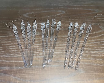 12 Artisan Icicle Ornaments, Handcrafted Clear Glass Icicles, 3 Different Spiral Icicle Ornaments, Blown Glass 6&quot; Ornaments, Set 12, in Box