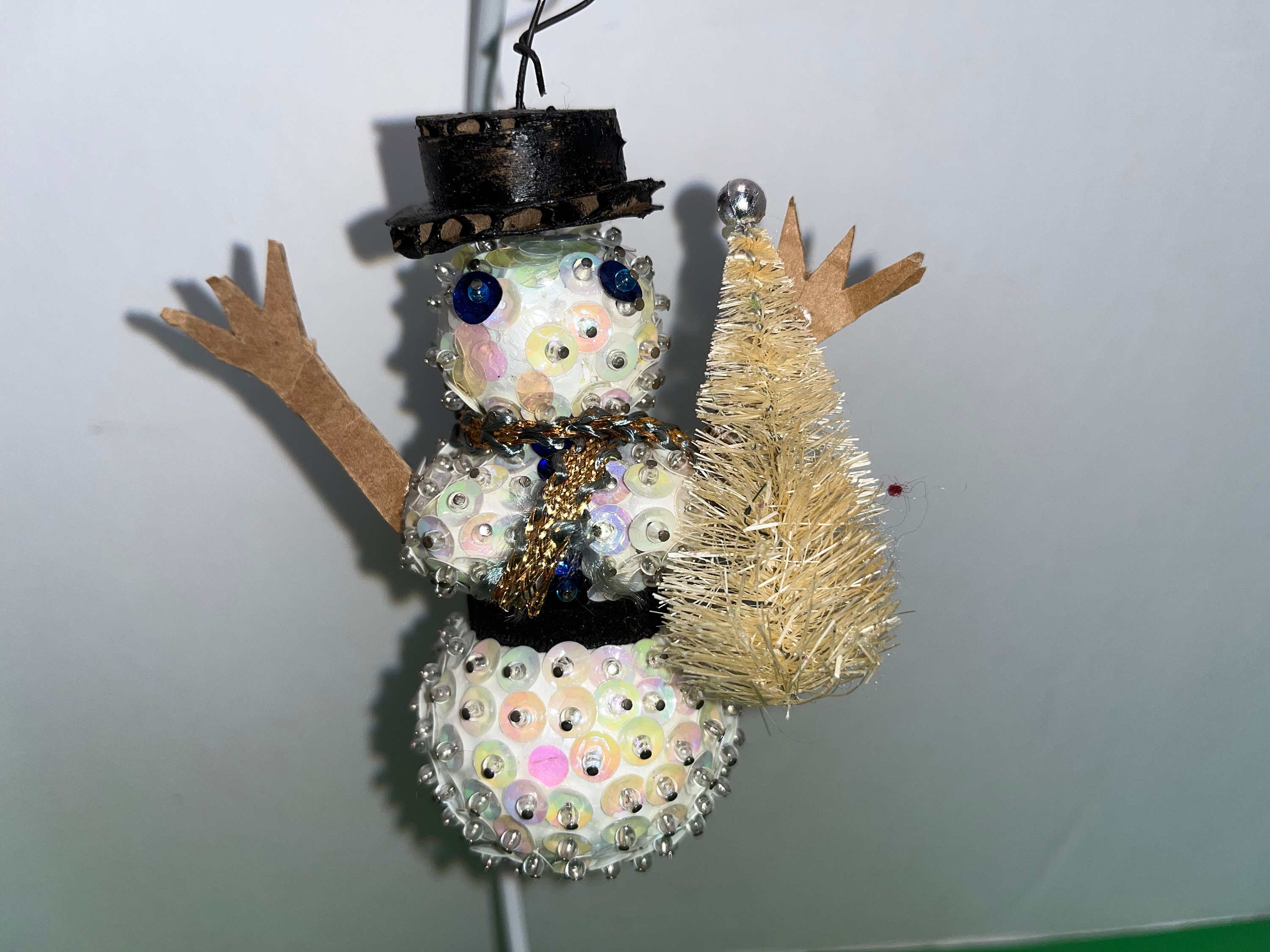 Vintage Sequin Snowman Ornament, Vintage Handmade Sequin Snowman, Sequin Snowman Bottle Brush Tree Ornament