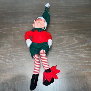 Vintage Rubber Faced Pixie Elf, Vintage Felt Elf Figure, 16" Stuffed Elf Figure, Red, Green, White Knee Hugger,1960 Bendable Felt Elf Figure