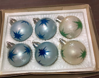 6 Vintage Fantasia Stars Ornament, Poland Blue Stars Ornaments, Poland Fantasia Green Stars, 2 1/2" Glitter Starburst Ornament, in Box