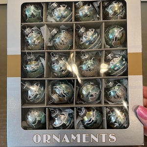 20 glänzende Brite-Türkisverzierungen, Christopher Radko Glasfarbenes Glitzerornament, 1 1/4 &quot;&quot;glänzende Brite-Blau-Silber-Streifen, neu in der Box.&quot;