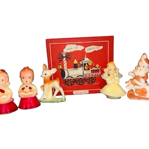 5 vintage Gurley Christmas 3&quot;-kaarsen, Gurley Christmas Santa Candle, Gurley Christmas Choir Singers Candle, Gurley Reindeer Candle, in doos