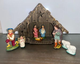 Vintage 9 Piece Nativity Set, Vintage Manger, Italian Porcelain Navitity Figures, 1960 Nativity Set, Vintage Creche Manger, Nativity Set