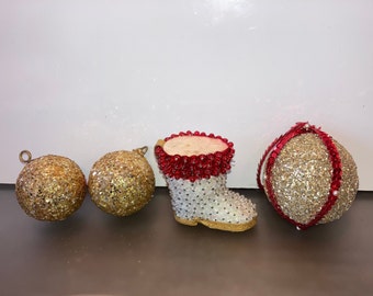 4 Vintage Handmade Sequin Ornaments, Sequin Santa Boot Ornament, Vintage Gold Glitter Ornament Balls