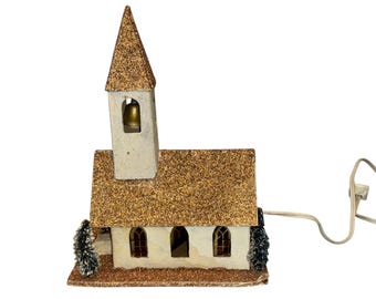 Vintage Japan Light up Putz Church, 8 1/2" Putz Church with Bell, White Glittered Putz Church, Gold Glittered Putz Church, Broken Windows