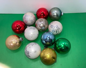 12 Shiny Brite Ornaments, Christmas Ornament Craft Lot, USA Stencils Ornaments, Multi Colored Ornament Balls, 2 1/2" Craft Ornament Lot