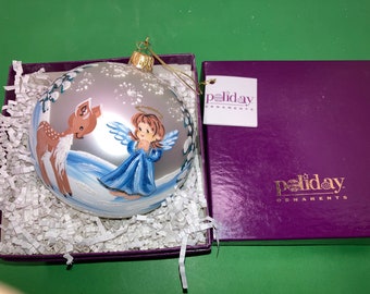 Décoration d'ange peinte Poliday, décoration de Noël boule, scène de cerf, décoration fabriquée en Pologne 5 pouces, scène d'ange d'hiver, neuf dans la boîte avec étiquettes